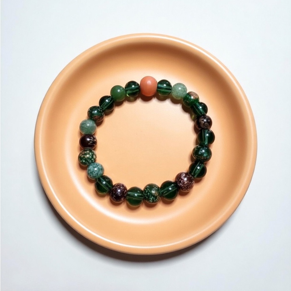 Green Beaded Stretch Bracelet with Coral Accent